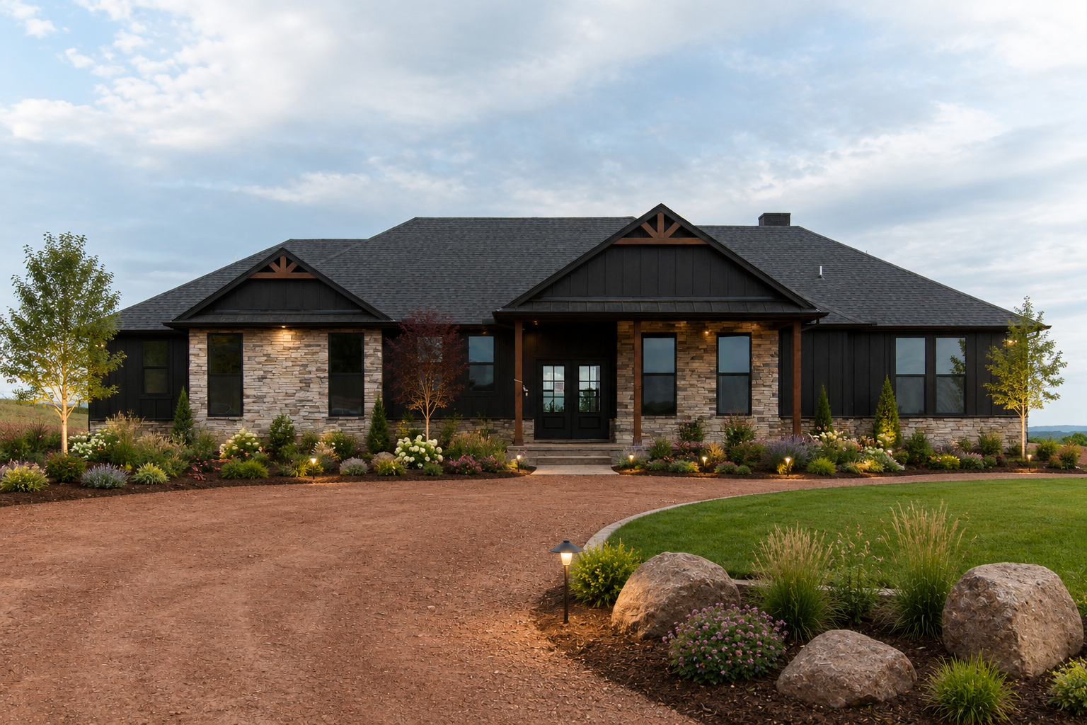 Modern craftsman ranch custom home with black board-and-batten and stone