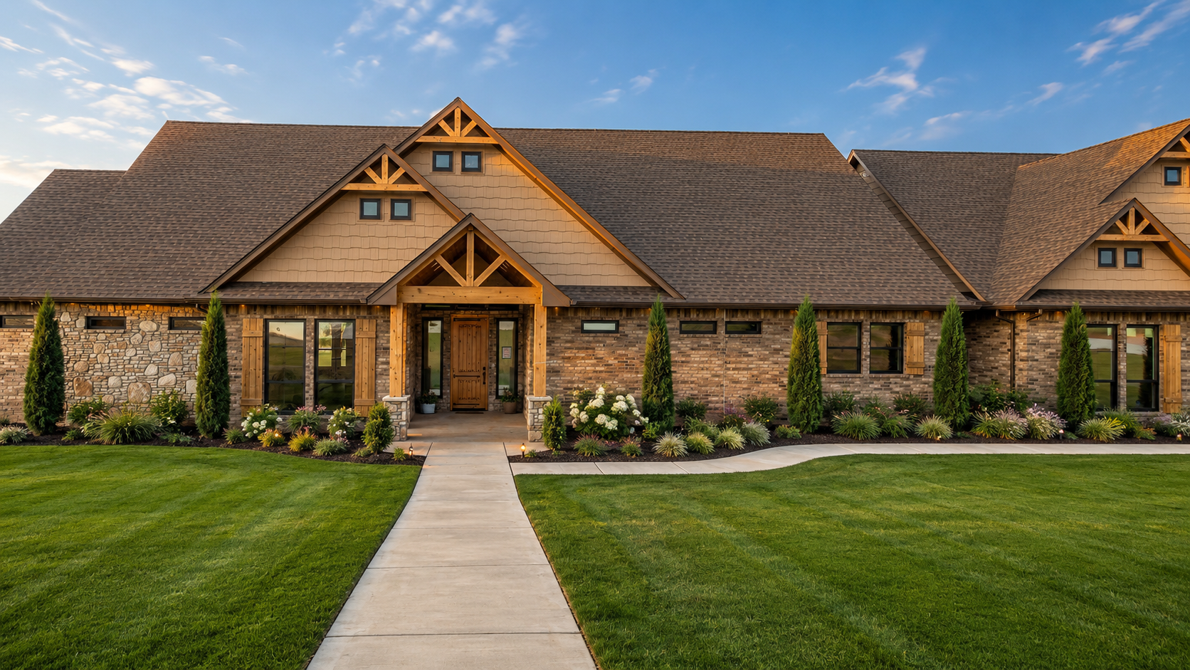 Craftsman custom home with stone and timber exterior at golden hour